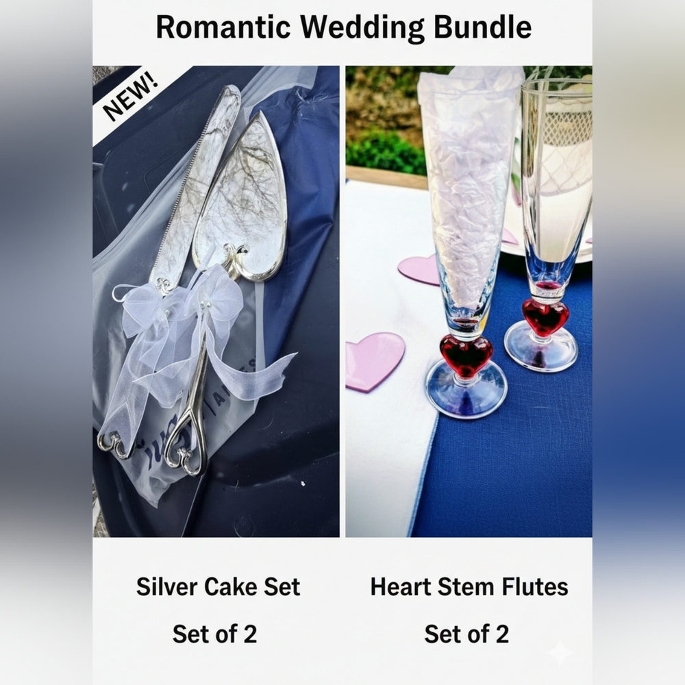 Red Heart Wedding Bundle: Champagne Flutes & Silver Cake Server Set - All New!